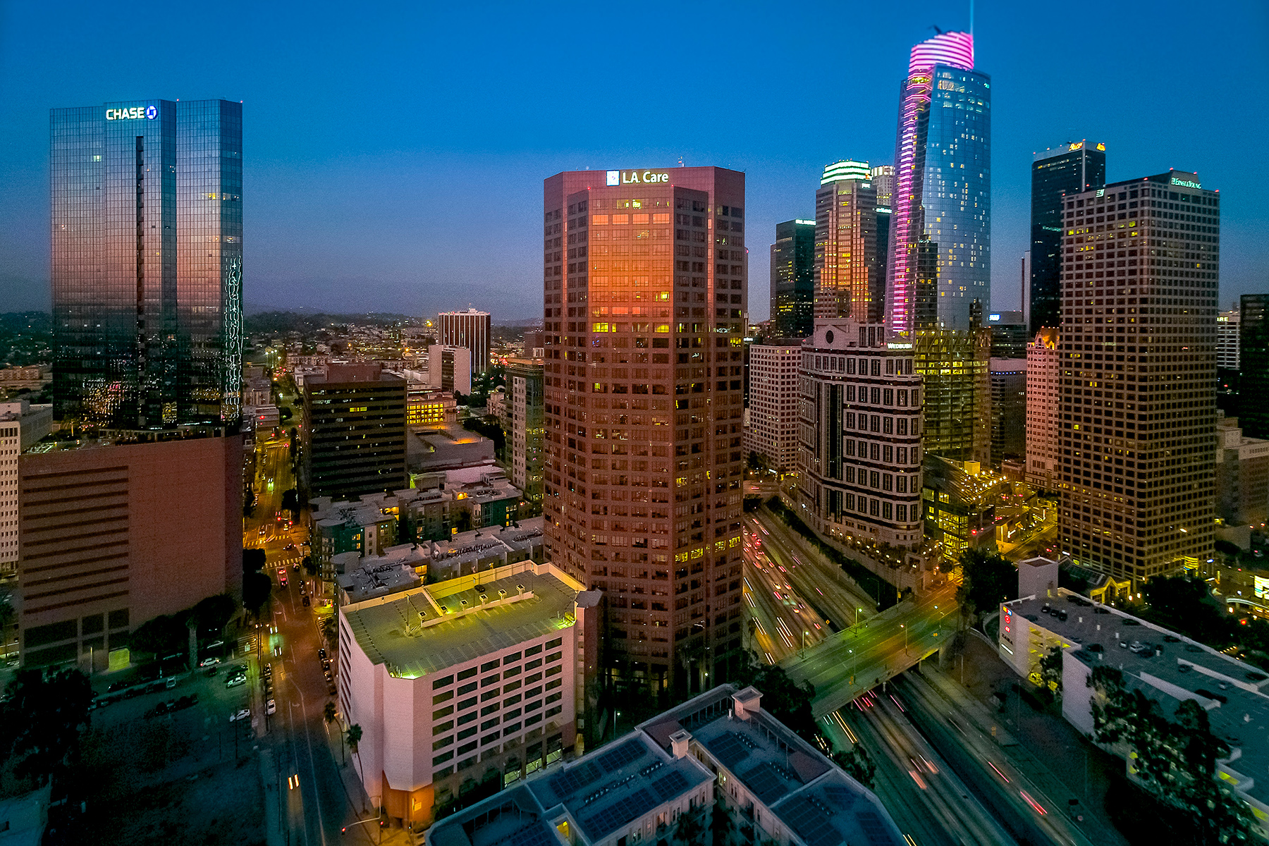 LA Care - DTLA - Los Angeles Drone Magic Hour Photography